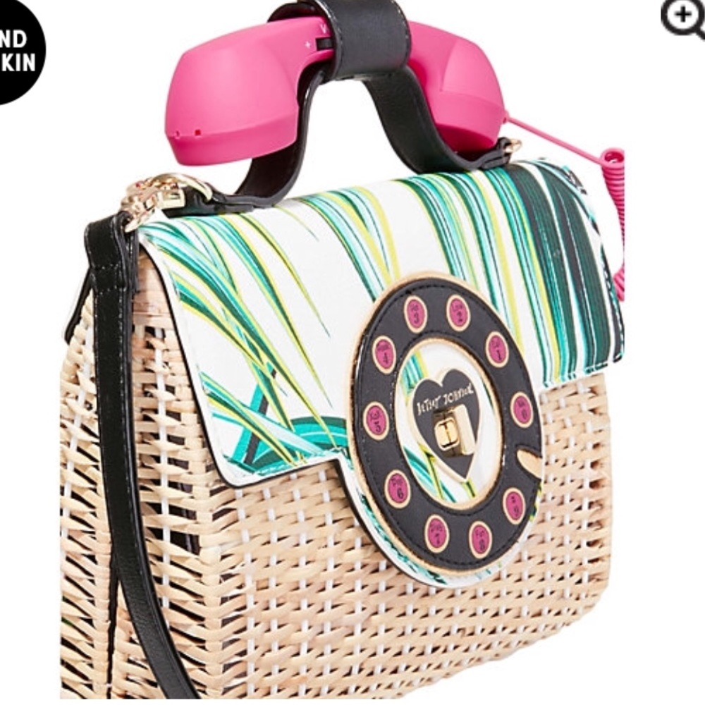 Betsey Johnson (2018) Pink Tropical Wicker Crossbody w/ Phone Bag - Picture 3 of 5